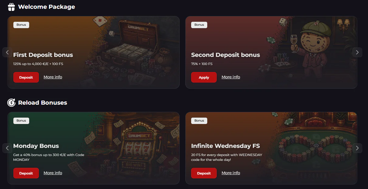 Crumbet Casino bonus section showing first and second deposit offers and reload promotions